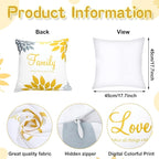 Tatuo 4 Pcs Flower Pillow Covers Square Spring Pillow Cushion Cases 18 x 18 Inch Family Faith Hope Love Words Decorative Summer Winter Cushion Case for Bed Couch Sofa Living Room(Yellow Silver Series)