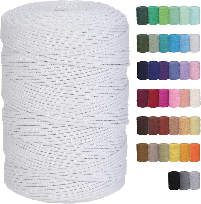 Cotton Macrame Cord 3mm 328yards Natural Colored Macrame Supplies, Soft Craft Cotton Rope for Plant Hanger Wall Hanger Dreamcatcher (White)