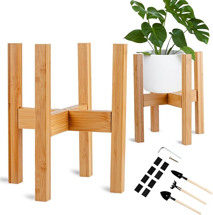 Adjustable Bamboo Plant Stand for Indoor Plants, Holder Rack Fits 8"-12" Pots for Living Room, Bedroom, Corner - Space Saving Shelf (Pot & Plant Not Included)(primary color)