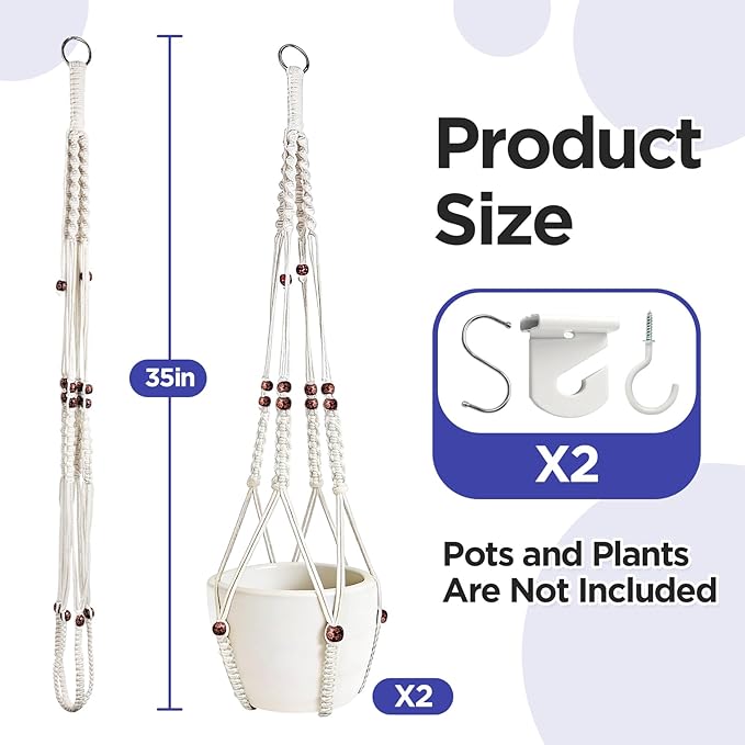 2 Pack Macrame Plant Hanger with Drop Ceiling Hooks, Hanging Planter with Wooden Bead, No Tassels for Indoor Outdoor Boho Office Classroom Decor, 35 Inches (Pots Not Included)