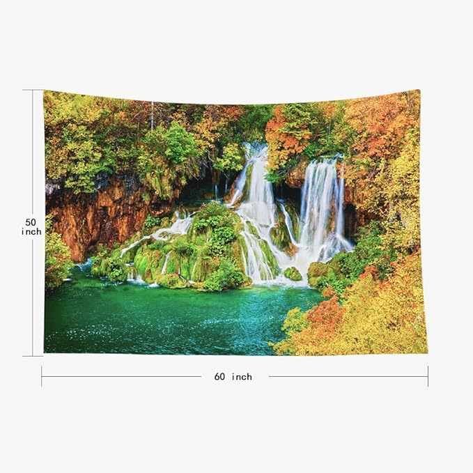 EMMTEEY Forest Tapestry Tranquil Waterfall Scenery in Autumn Forest Wall Tapestry Aesthetic 50X60 Room Tapestry, Nature-1