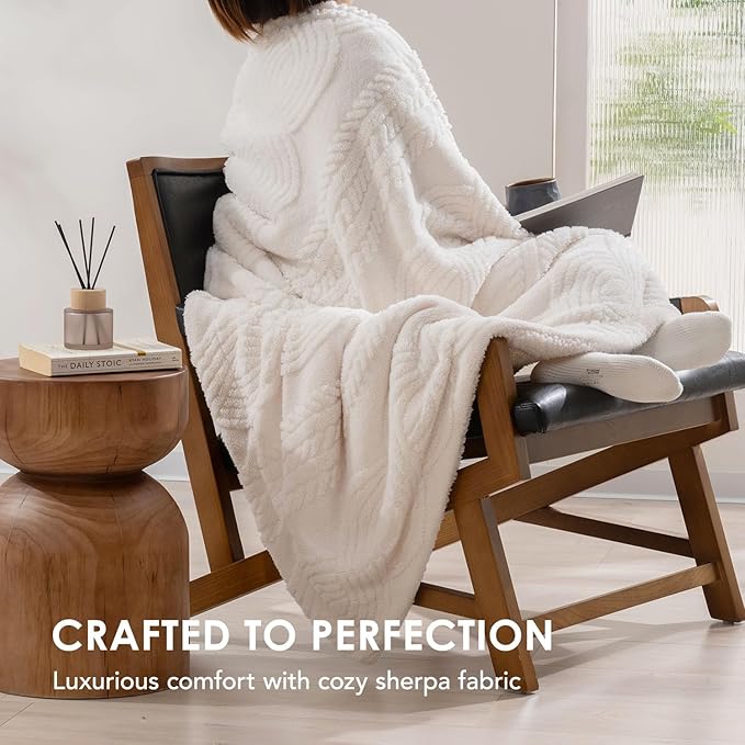 EverGrace Cable Jacquard Sherpa Fleece Throw Blanket for Couch, Super Soft Cozy Fuzzy Plush Blankets for All Seasons, Reversible Thick Warm Blanket for Bed, Sofa, Living Room, Ivory White, 50" x 60"