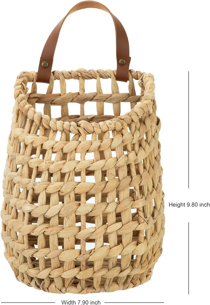 Water Hyacinth Hanging Basket with Faux Leather Strap - Handwoven Boho Wall Basket for Plant Flower Storage Home Decor (1)
