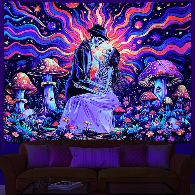 Heopapin Blacklight Skeleton Couple Tapestry UV Reactive The Lovers Skull Mushroom Wall Hanging Tapestry Romantic Cosmos Galaxy Aesthetic Tapesties for Living Room Bedroom 78.7L x 59.1W