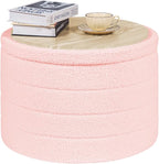 PINPLUS Ottoman with Storage, Foldable Round Ottoman Sherpa Stool with Tray, Boucle Foot Rest for Living Room, Bedroom, Dorm(Pink)