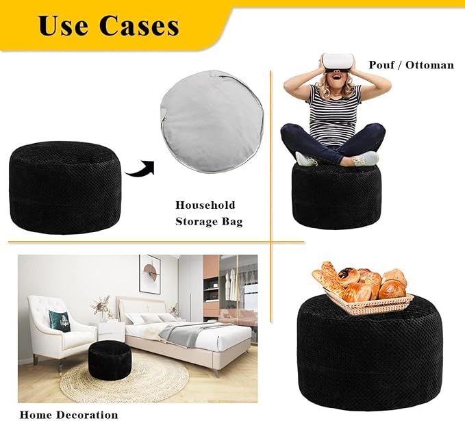 Asuprui Unstuffed Pouf Ottoman Round Poof Ottoman No Filler Soft Faux Fur Foot Stool 20x20x12 Inches Fuzzy Chair Floor Pouf Foot Rest with Storage for Living Room Bedroom Black