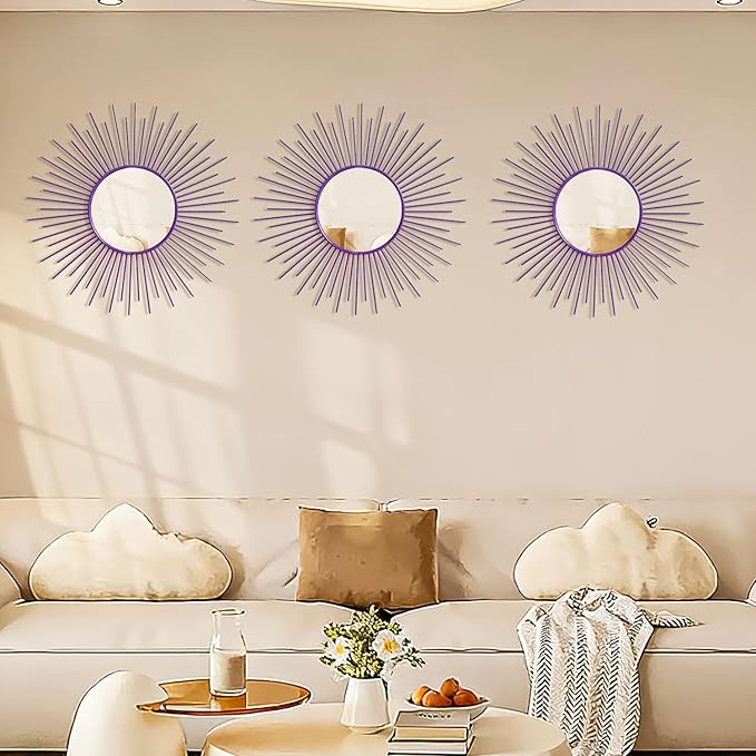 3 Pack Metal Mirrors for Wall Sunburst Wall Mirrors Home Décor Decorative Hanging Wall Art for Living Room Bedroom Entryway (Purple, Sunburst)