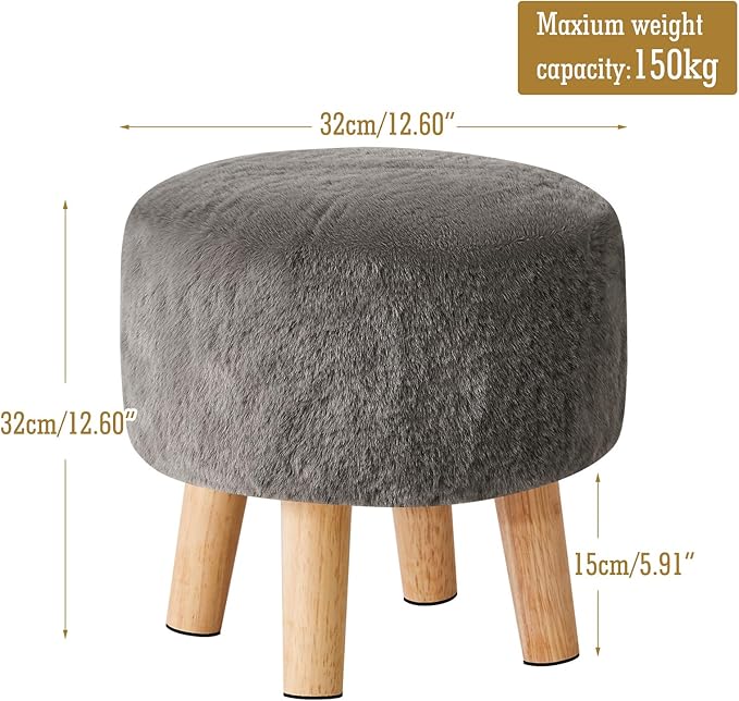 YMYNY Round Pouf Ottoman Small Foot Stool Faux Fur Foot Rest for Couch Modern Boho Footstools with Wood Legs for for Living Room Bedroom Office 12.6" D×12.6" W×12.6" H Dark Gray UHBD035GR
