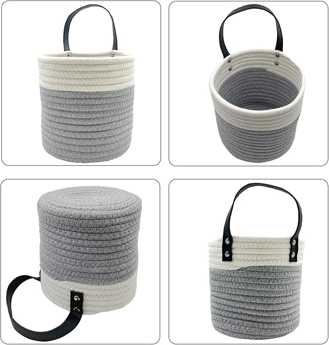 Cotton Rope Hanging Baskets for Organizing 2 Pcs Round Small Wall Basket with Handles Woven Organizer Storage Basket for Kitchen Bedroom Living Room Office(6”x6”, Light Dark)