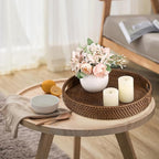 Hipiwe Round Rattan Serving Tray Handwoven Decorative Wicker Basket Trays with Handles Coffee Table Centerpiece Tray Fruit Organizer Basket for Breakfast Drinks Snack, 12 inch
