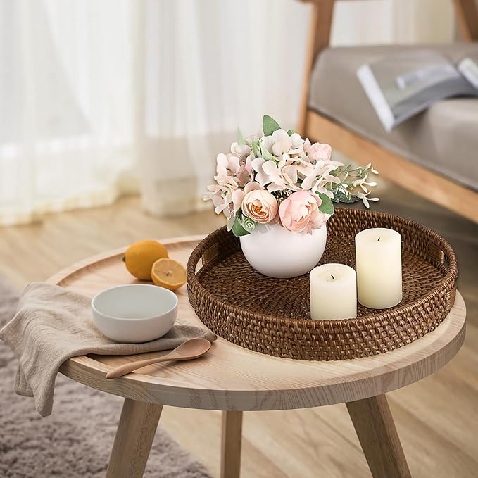 Hipiwe Round Rattan Serving Tray Handwoven Decorative Wicker Basket Trays with Handles Coffee Table Centerpiece Tray Fruit Organizer Basket for Breakfast Drinks Snack, 12 inch