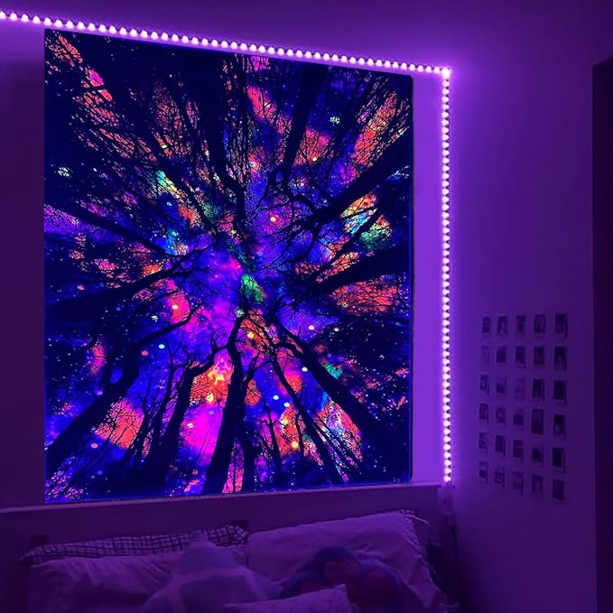 Blacklight Galaxy Forest Silhouette Tapestry for Bedroom Night Sky Ceiling Tapestry for Bedroom Decor Dark Forest Stars Tapestries Glow in the Dark Starry Night Tapestries UV Reactive Dorm Decor 71x90