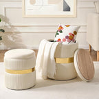 Round Ottoman with Storage Set of 2 Upholstered Velvet Vanity Stool for Living Room Storage Ottomans Multifunctional Foot Rest (White with Middle Gold)
