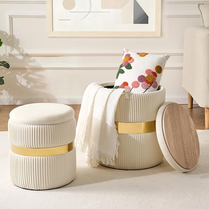 Round Ottoman with Storage Set of 2 Upholstered Velvet Vanity Stool for Living Room Storage Ottomans Multifunctional Foot Rest (White with Middle Gold)