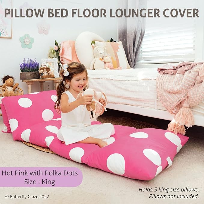 Butterfly Craze Floor Pillow Case, Mattress Bed Lounger Cover, Polka Hot Pink, King Size - Cozy Seating Solution for Kids & Adults, Recliner Cushion, for Reading, TV Time (Pillow Not Included)