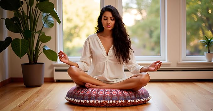 CRAFT KALA Round Mandala Boho Pillow Cover Meditation India Room Seating Poufs Cover for Living Room Yoga Room Home Décor Bedroom Balcony Garden Decoration Cotton Floor Cushion Cover 22" Maroon Mirchi
