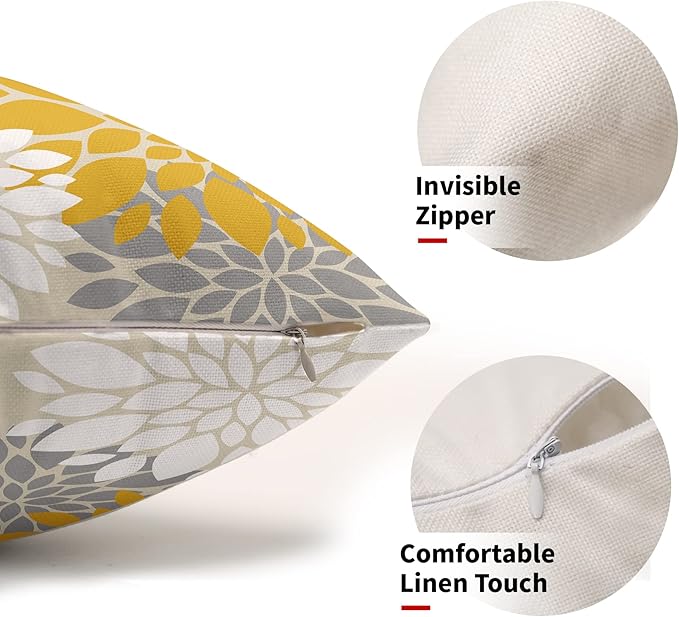 Yellow White Grey Gray Pillow Covers 12X20 Inch Set of 2, Modern Dahlia Floral Print Decorative Rectangle Throw Pillow Covers Outdoor Farmhouse Cushion Case for Home Couch Sofa Bed Decoration