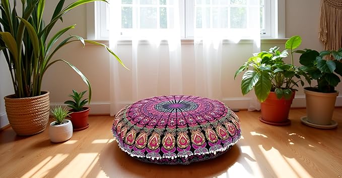 ICC 32 Inch Floor Pillows & Cushion covers Decorative Hippie Mandala Pouf Pillow covers Seating Meditation Cushion Cover Bohemian Large Boho Ottoman Case Pillowcase Couch Round Pink