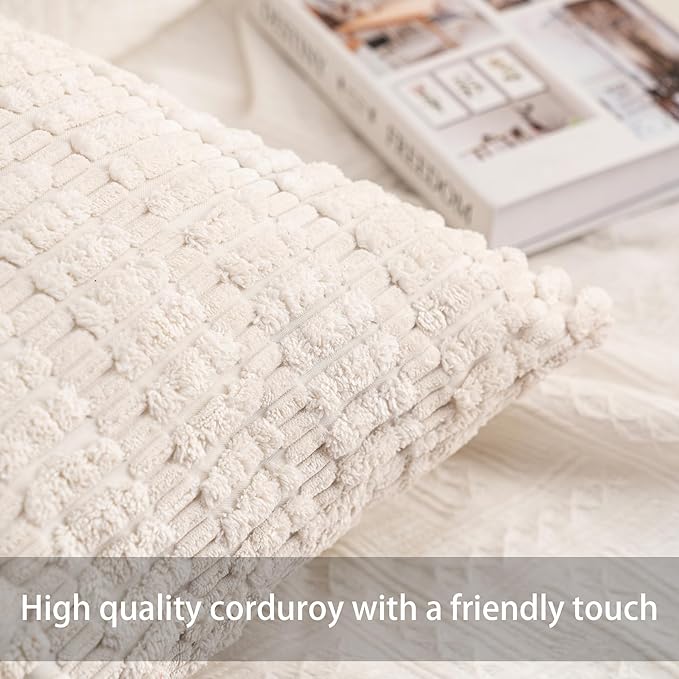 Pack of 2 Corduroy Decorative Throw Pillow Covers 18x18 InchSoft Boho Striped Pillow Covers Modern Farmhouse Home Decor for Sofa Living Room Couch Bed（White）