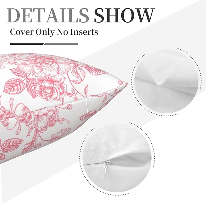 Pink and White Floral Throw Pillow Covers 16x16 Set of 2, Vintage Chinoiserie Flower Pillow Covers Outdoor Decorative Pillow Case for Couch Bed Sofa Cushion Home Decor