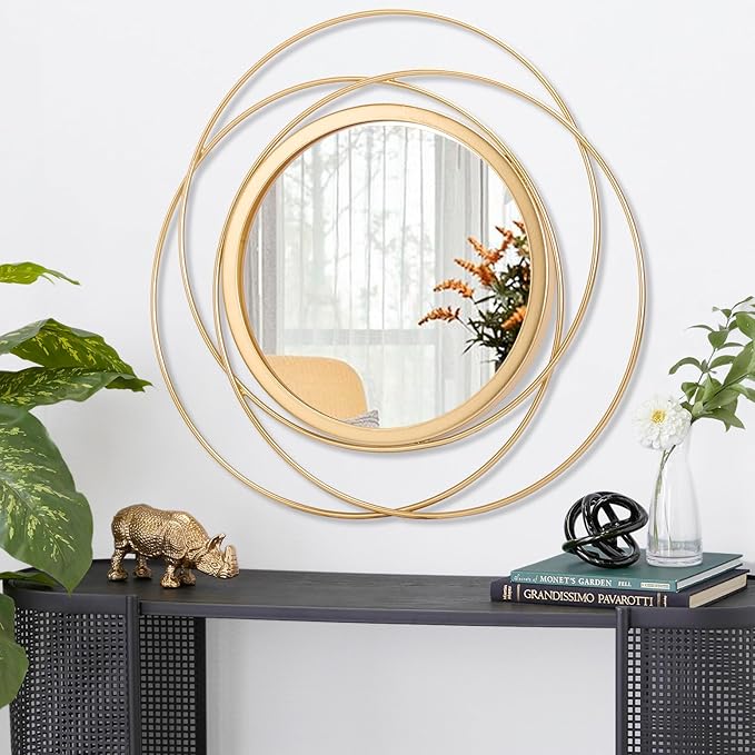 Large Gold Round Art Wall Mirror with Iron Metal Wire Frame Wall-Mounted Mirror for Home Decor Living Room Bedroom Bathroom Entryway 20"