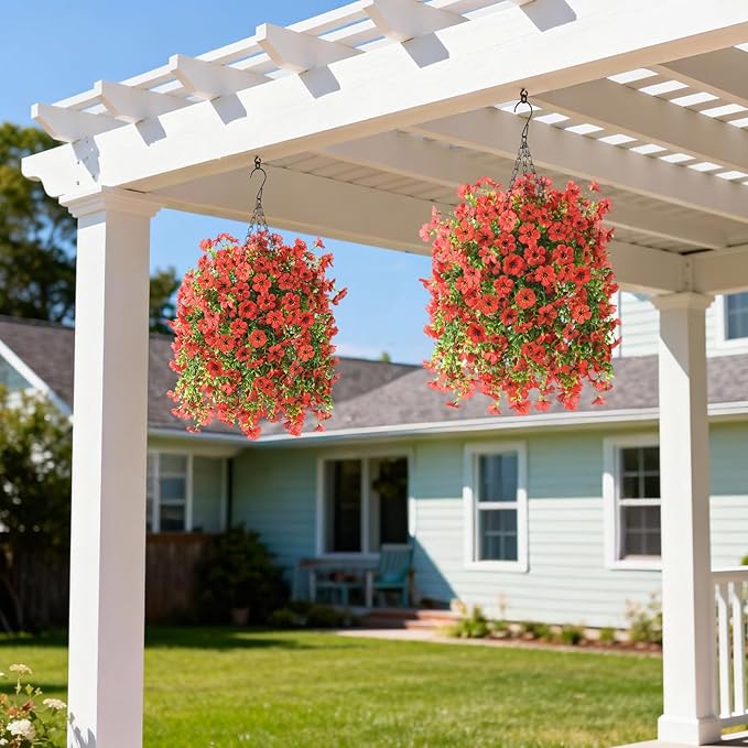Artificial Flowers Hanging Baskets, 4 Bundles Outdoor Hanging Basket Spring Summer Decoration, No Fade Realistic Fake Flowers Plants for Porch Patio Balcony Home Yard Decor(Red)