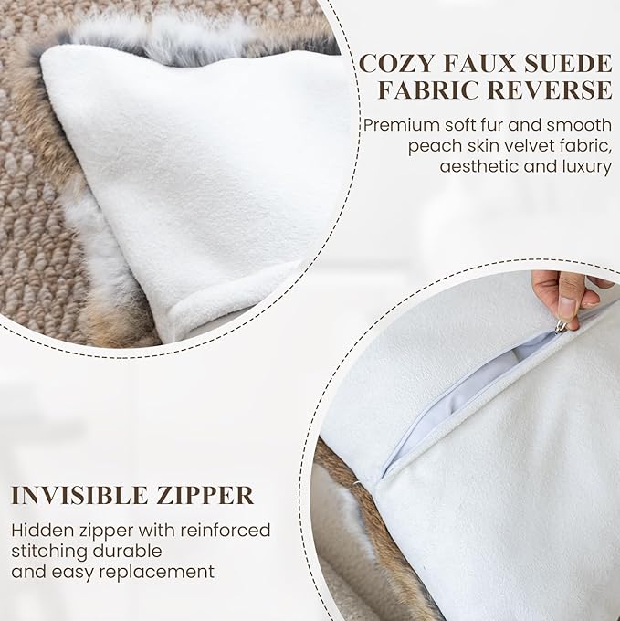 MOOX Rabbit Fur Throw Pillow Covers Decorative Fluffy Soft Fuzzy Plush Luxury Genuine Animal Skin Lumbar Pillow 18"x18" Cushion Cover, Couch-Grey White