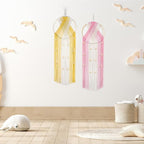 LB 2Pc Boho Macrame Wall Hanging Boho Aesthetic Wall Decor Pink and Yellow Hand Woven Cotton Macrame Wall Art with Wood beads Modern Tapestry for Home, Bedroom, Living Room