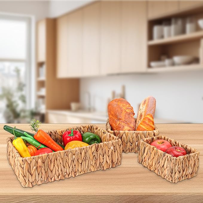 3 Set Rustic Water Hyacinth Storage Baskets - Rectangular Wicker Set for Organizing, Decorating, Bathroom, Living Room, Dining Room