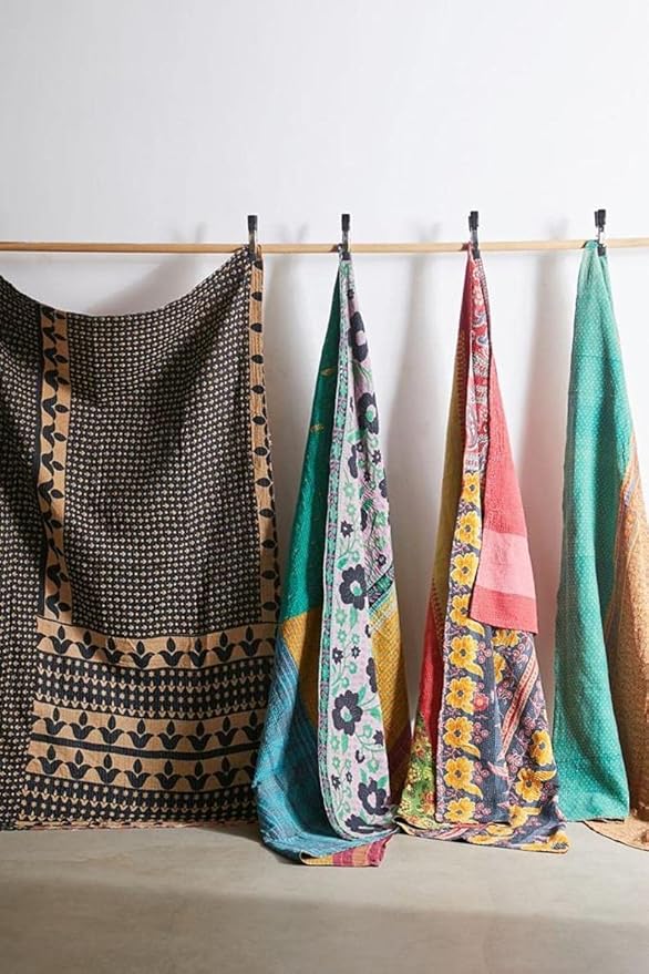 Royal Craft Indian Vintage Kantha Quilt Handmade Throw Reversible Cotton Blankets 1 Quilt Assorted Colors RCKQT0096 RCKQT0096 55X85 Inches
