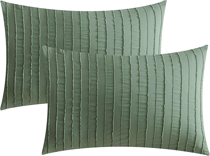 JELLYMONI Pillowcases King Size Green 2 Pack Boho Striped Bed Pillow Covers 20x36in Polyester Envelope Pillow Shams Tufted Bohemian Textured (Pillows are not Included)