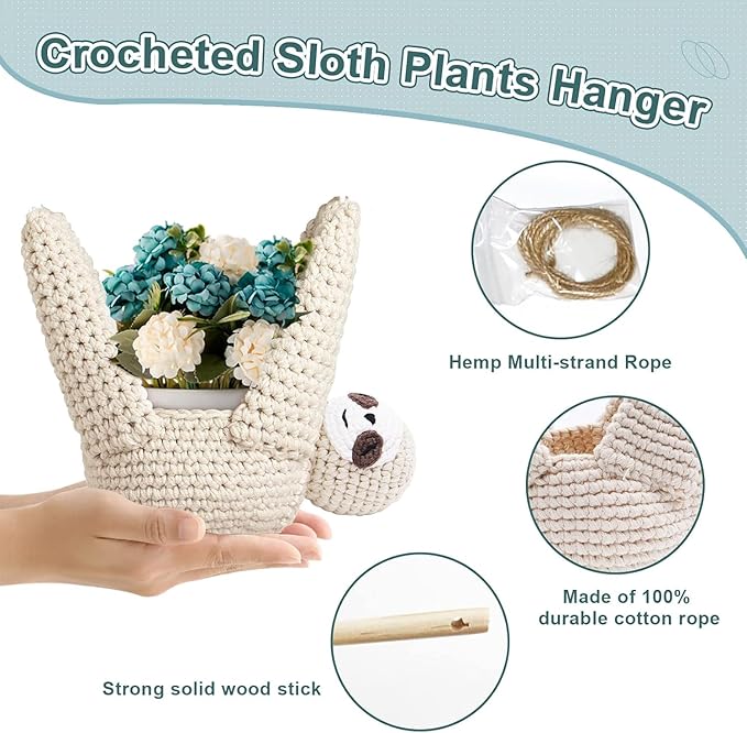 2Pcs Macrame Plant Hanger Crochet Sloth Hanging Planter Sloth Gifts,5 Inch Animal Wall Hanging Plant Holder for Plant Sloth Lovers, Home Decor Indoor Outdoor Plants Succulent Gifts (2)