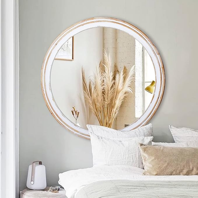 30" Farmhouse Wooden Round Mirrors for Wall Decor, Rustic Decorative Circle Mirror for Bathroom Over Sink, Entryway, Living Room, Vanity