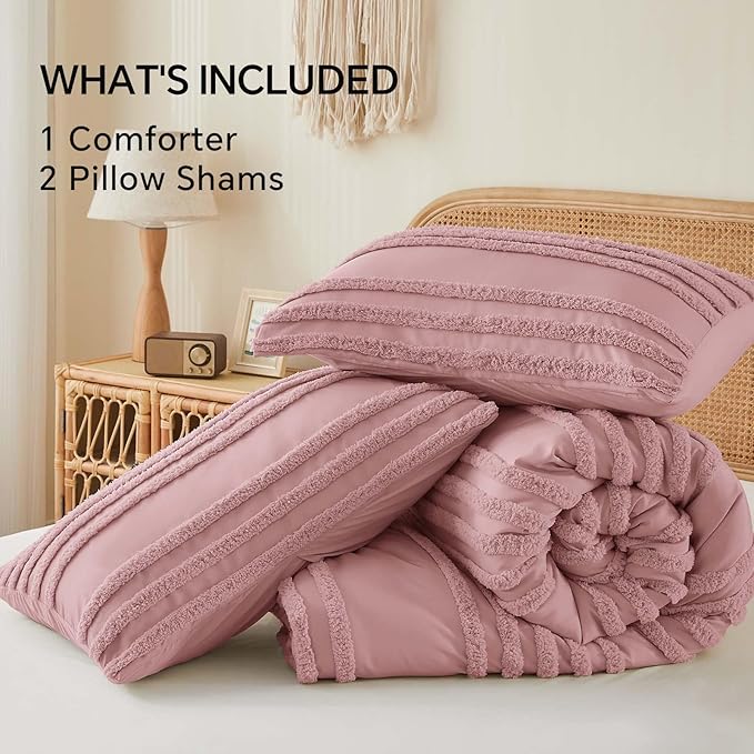 BEDELITE Boho Comforter Set Queen Size, Dusty Pink Tufted Striped Bed Set 3 Pieces, Soft Vintage Farmhouse Comforter for All Seasons, Boho Home Decor,Fluffy Jacquard Bedding with 2 Pillow Shams