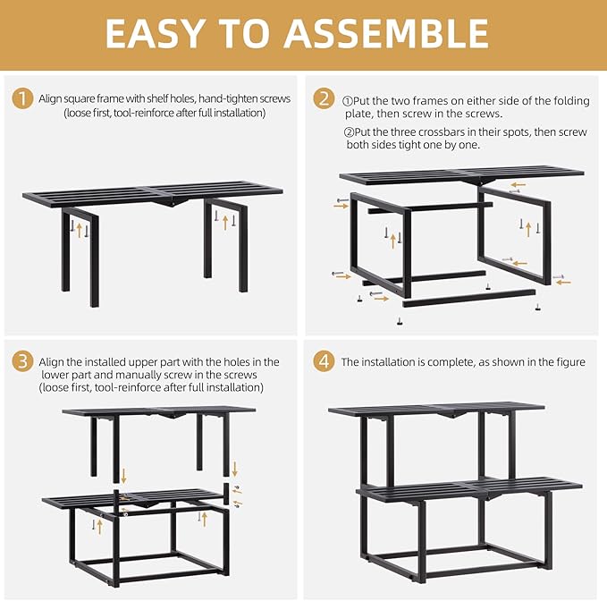 Plant Stand Indoor Outdoor, Foldable Metal Plant Shelf for Multiple Pots, Mid Century Slatted Bench for Patio Garden, Heavy Duty Capacity 330 lbs 2 Tier Black