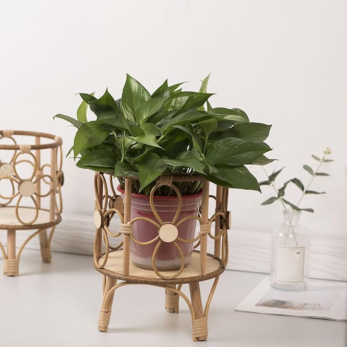 Plant Stand Hollow Stool - 31x26x25cm, Wood ABS Material, Rustic Brown, Pot Holder Shelf, Boho Display Rack | Creative Handwoven Rattan Style for Balcony Patio Living Room Indoor Garden Decor