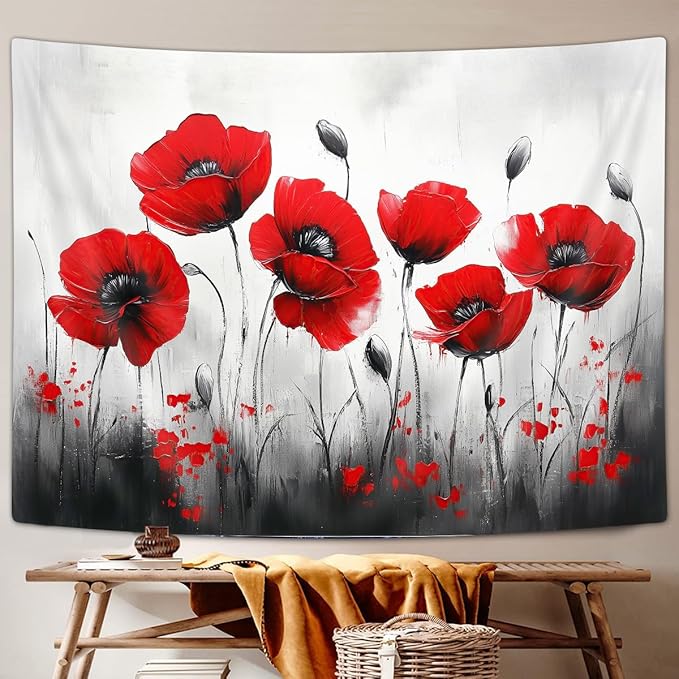 JAWO Black and Red Poppy Flower Tapestry, Nature Floral Art Tapestry Wall Hanging for Bedroom, Tapestries Poster Blanket College Dorm Home Decor 71X60Inches