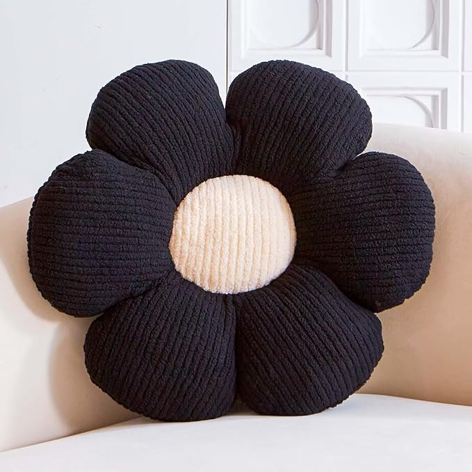 Black Flower Decorative Throw Pillows, Cute Daisy Shaped Plush Pillow, Soft 14.9" Floor Seat Cushion