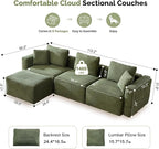 VINGLI 112.2“ Convertible Corduroy Cloud Sectional Couches with Movable Ottoman, L-Shaped Boneless Couches for Living Room with Deep Seat, 3 Seater Modular Spineless Sofa, No Assembly Required, Green