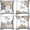 Tatuo 4 Pcs Flower Pillow Covers Square Spring Pillow Cushion Cases 18 x 18 Inch Family Faith Hope Love Words Decorative Summer Winter Cushion Case for Bed Couch Sofa Living Room(Brown Series)