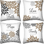 Tatuo 4 Pcs Flower Pillow Covers Square Spring Pillow Cushion Cases 18 x 18 Inch Family Faith Hope Love Words Decorative Summer Winter Cushion Case for Bed Couch Sofa Living Room(Brown Series)