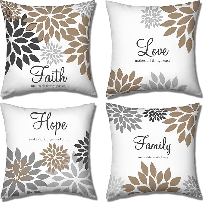 Tatuo 4 Pcs Flower Pillow Covers Square Spring Pillow Cushion Cases 18 x 18 Inch Family Faith Hope Love Words Decorative Summer Winter Cushion Case for Bed Couch Sofa Living Room(Brown Series)