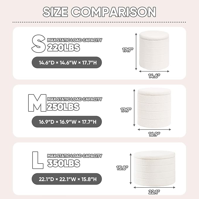 PINPLUS Round Storage Ottoman Foot Rest Stool with Tray Velvet Sherpa Folding Storage Ottoman,Boucle Foot Rest for Living Room, Bedroom, Dorm,White Color
