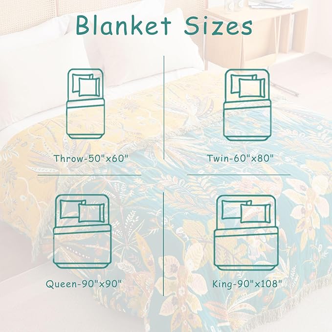 Boho Throw Blanket - 60"x80" Soft Cotton Throw Blanket Muslin Blankets for Bed, Reversible Lightweight Spring Blanket with Floral Printed, All Season Farmhouse Decor Rustic Blanket