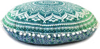 Round Mandala Floor Pillow Cover Seating Cushion Throw Cover Hippie Decorative Bohemian Ottoman Pouf Cover, Pom Pom Pillow Cases,Boho Indian 22 Inches (Green)