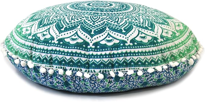 Round Mandala Floor Pillow Cover Seating Cushion Throw Cover Hippie Decorative Bohemian Ottoman Pouf Cover, Pom Pom Pillow Cases,Boho Indian 22 Inches (Green)