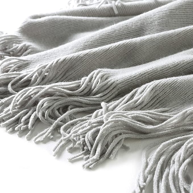 Homiest Decorative Knitted Throw Blanket with Fringe - Lightweight Acrylic Knit Blanket Soft & Cozy Tassel Blanket for Couch Sofa Bed - Light Grey, 60 x 80 Inch