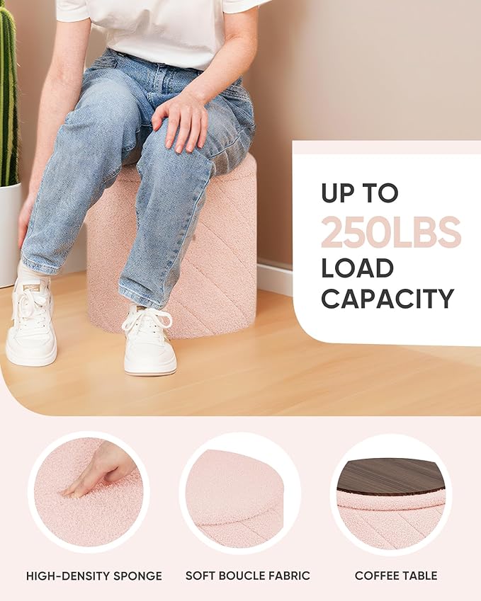 B FSOBEIIALEO Ottoman with Stroage, Boucle Round Storage Ottoman with Tray,Foot Rest Stool for Dorm Room, Living Room Pink, 12.99"x12.99"x13.78"