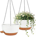 12 Inch Self Watering Hanging Planters 2 Pack, Indoor Outdoor Hanging Pots for Plants with Drainage Holes & Saucers, White Brown Plastic Hanging Baskets for Kitchen Balcony Garden