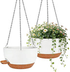 12 Inch Self Watering Hanging Planters 2 Pack, Indoor Outdoor Hanging Pots for Plants with Drainage Holes & Saucers, White Brown Plastic Hanging Baskets for Kitchen Balcony Garden